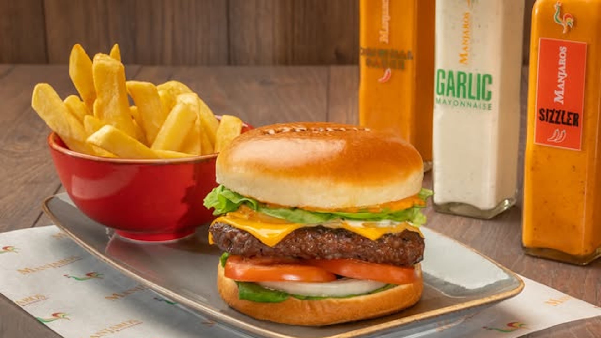 Manjaros Burger and Fries with Manjaros sauce