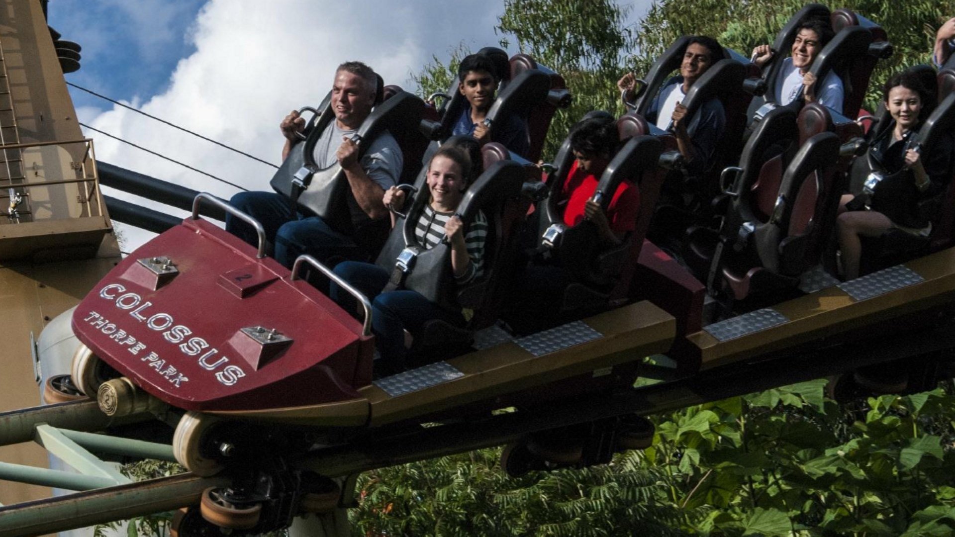 Over-the-shoulder restraints on Colossus at Thorpe Park
