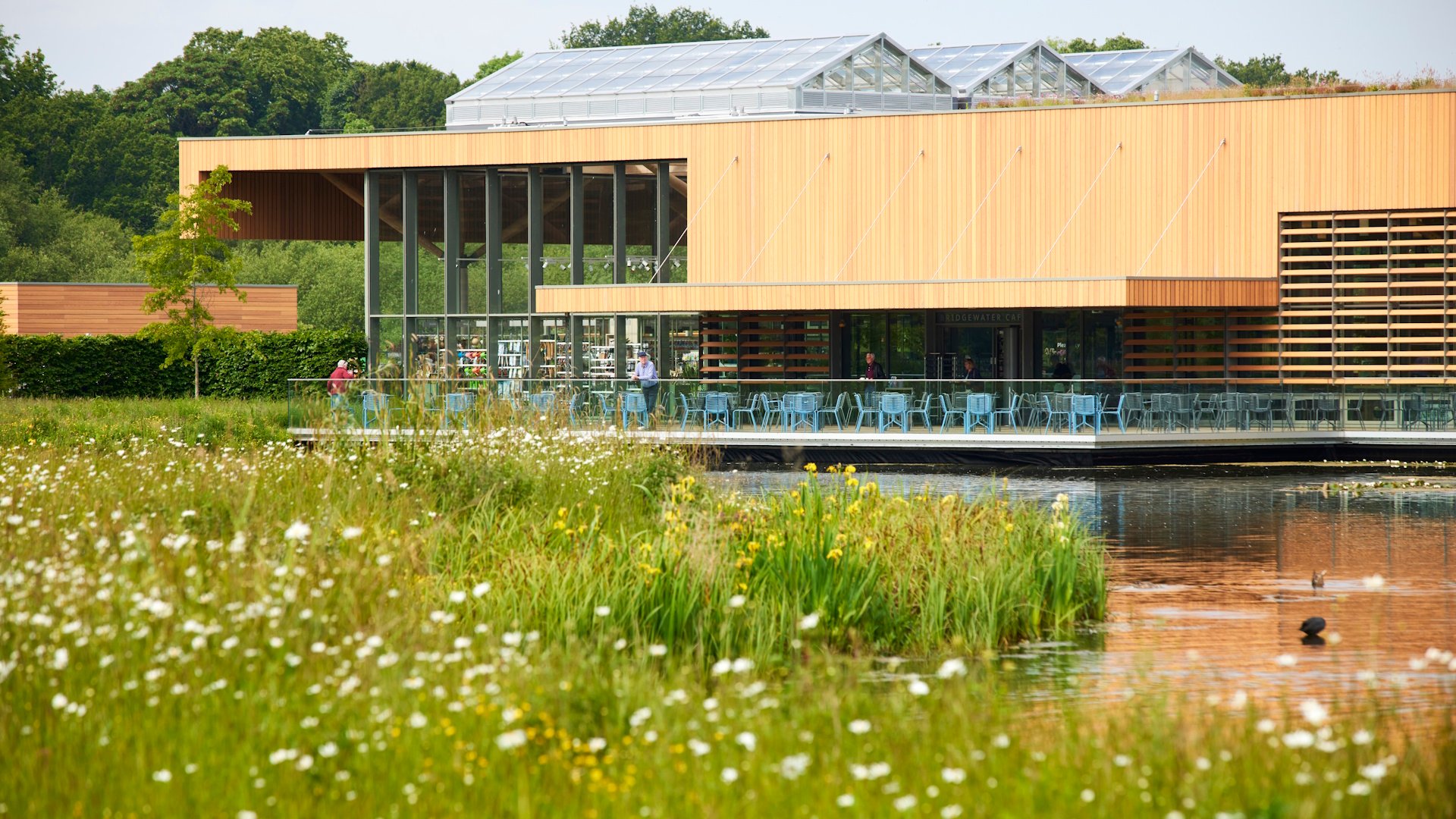 RHS Garden Bridgewater - Welcome Building and Moon Bridge Water