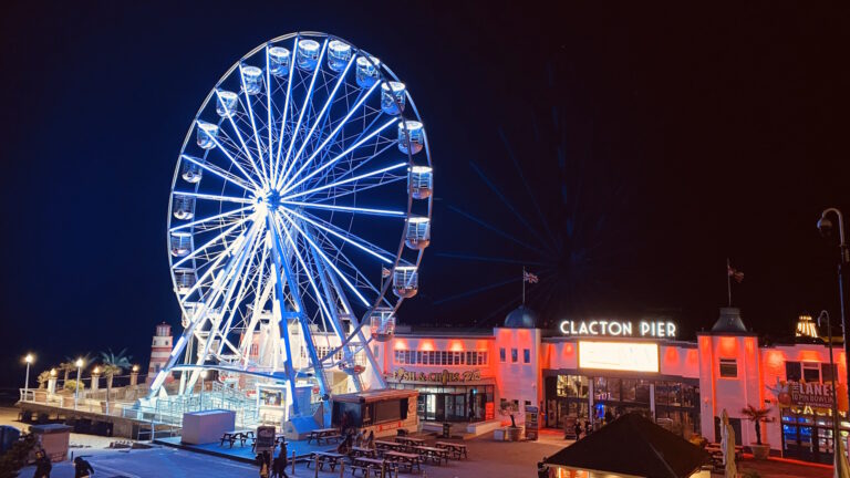 Clacton Pier Ferris Wheel and Entrance at Night 768x432